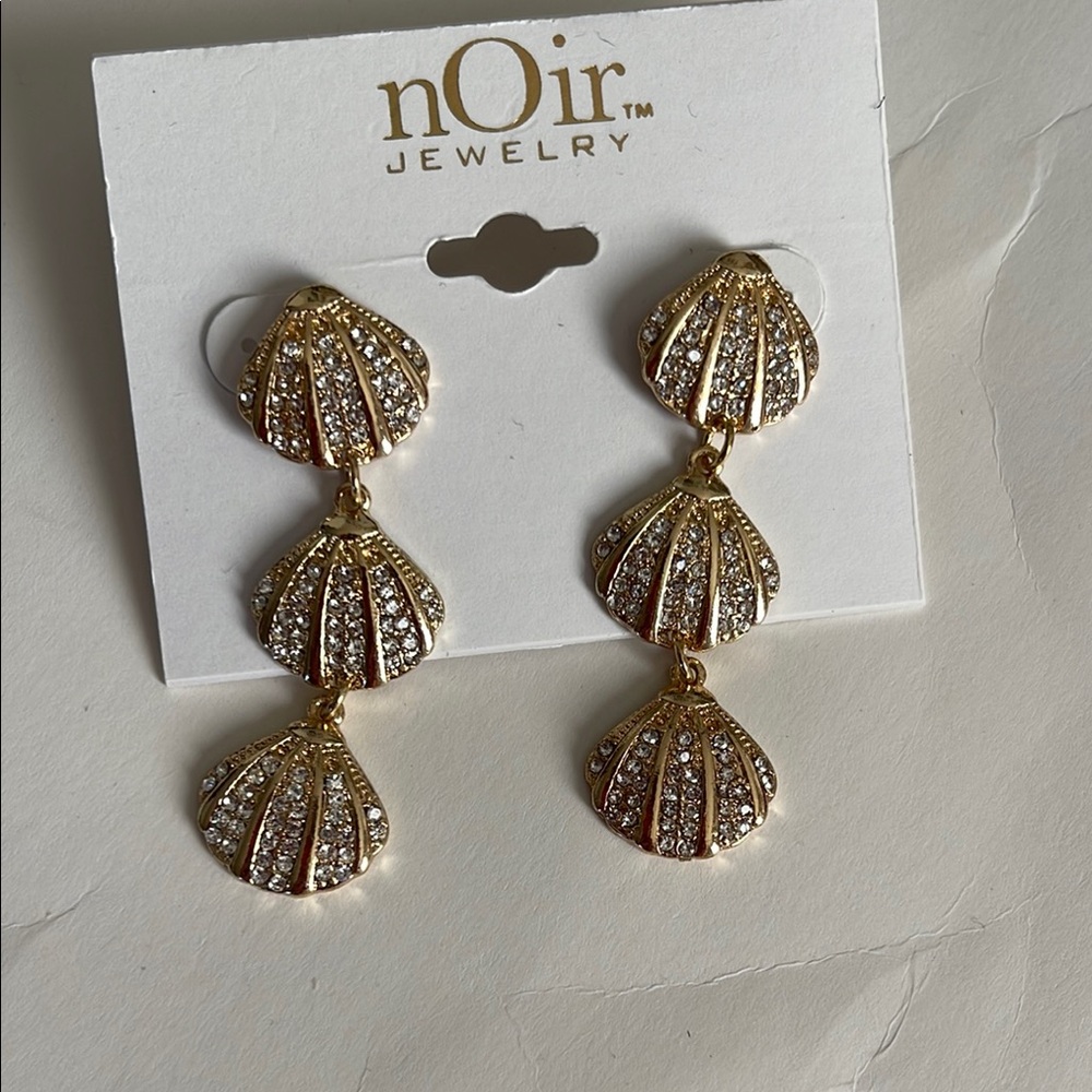 nOir Jewelry Gold and Faux Diamond Triple Shell Dangling Earrings